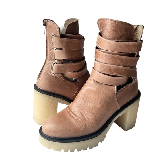 Free People leather strappy cutout ankle boot Jesse tan lug sole beige camel 37 - Picture 2 of 16